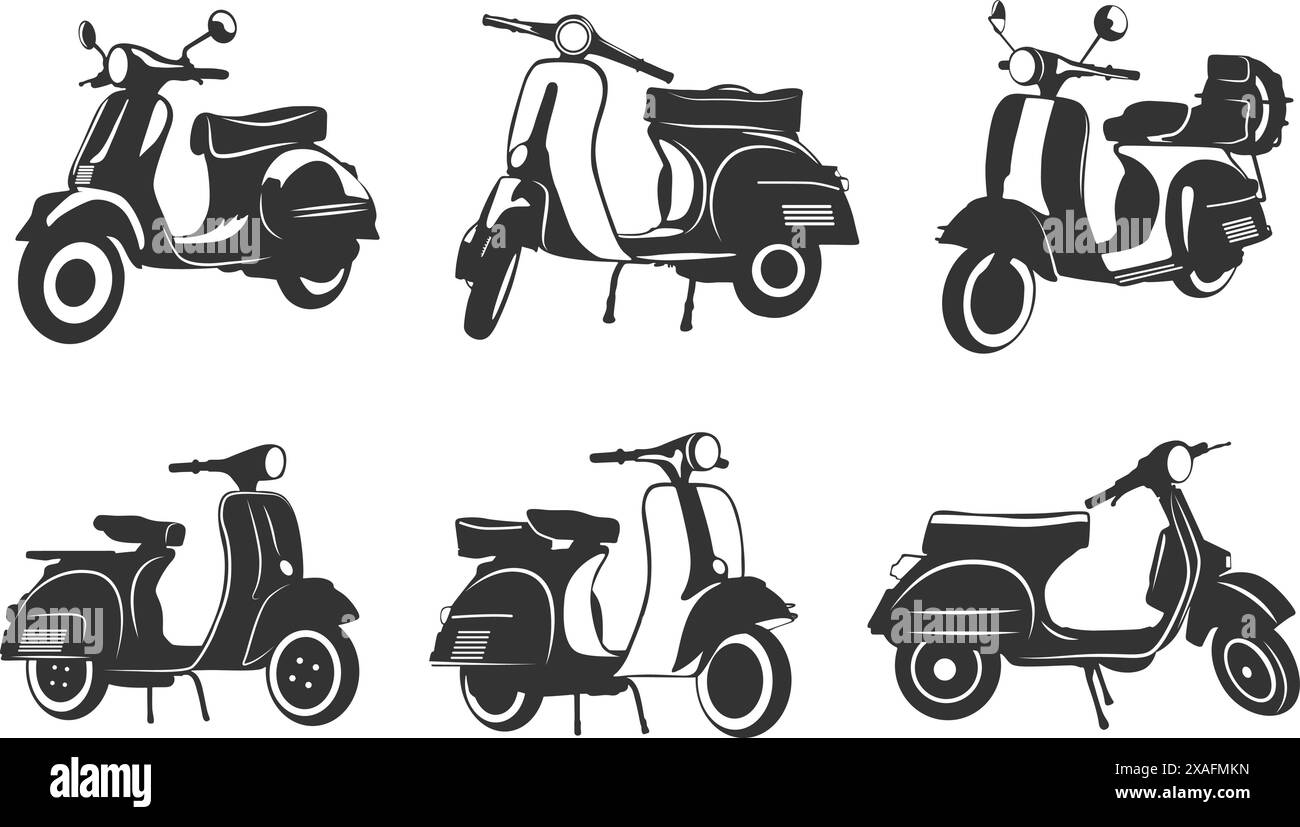 Silhouette de scooter vintage, vieille silhouette de scooter, silhouette de Vespa, silhouette de scooter classique, vieux scooter vintage, Pack scooter vintage classique Illustration de Vecteur