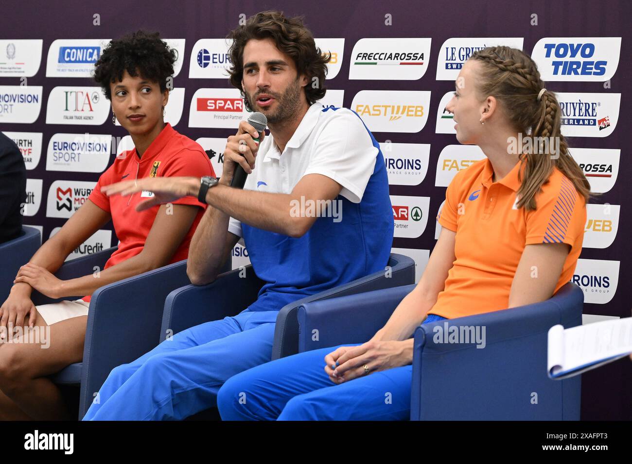Rome, Italie. 06 juin 2024. Malaika Mihambo, Gianmarco Tamberi et Femke bol lors de la conférence de presse officielle des Championnats d'Europe d'athlétisme 2024 au CONI Honour Hall, le 6 juin 2024 à Rome, Italie. Crédit : Agence photo indépendante/Alamy Live News Banque D'Images