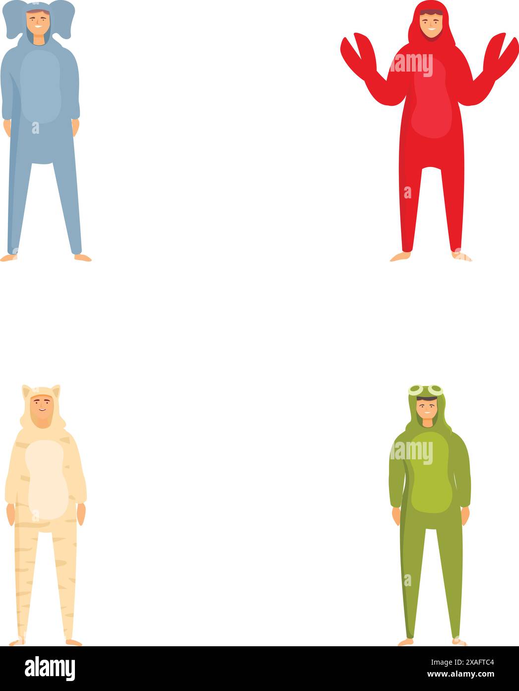 Ensemble de quatre personnages de dessins animés portant des onesies animales mignonnes, isolées sur blanc Illustration de Vecteur