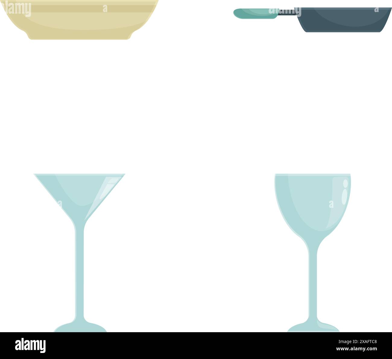 Ensemble de quatre icônes représentant un plat à tarte, une poêle à frire et deux types différents de verres à vin Illustration de Vecteur