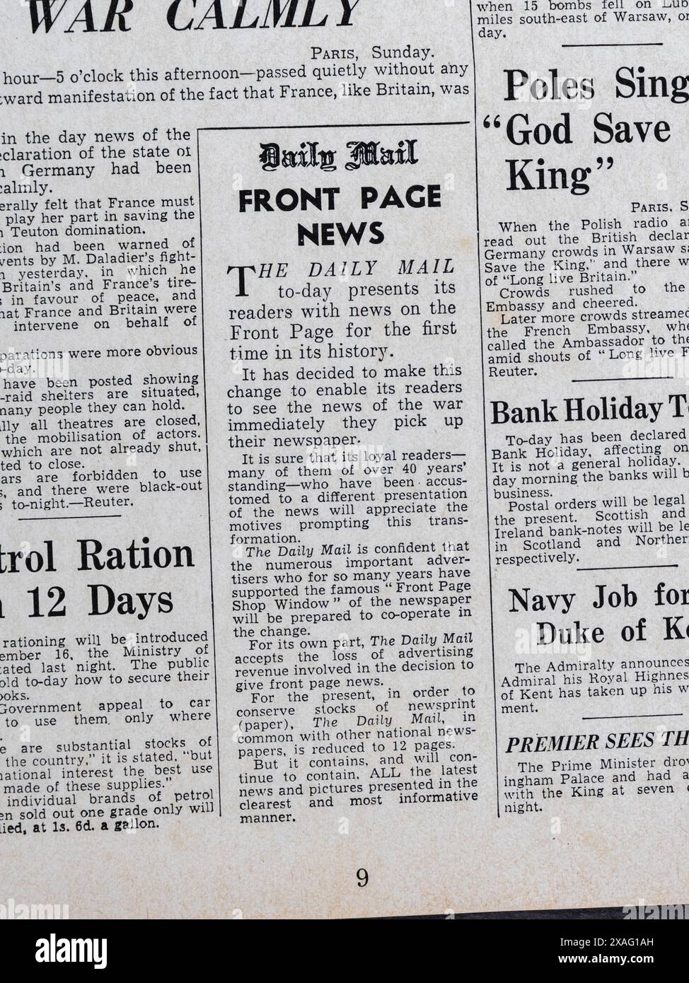 Titre informant les lecteurs que pour la première fois, les nouvelles seront sur la première page du Daily mail (réplique) 4 septembre 1939. Banque D'Images