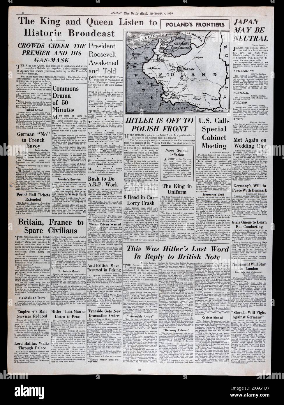 La pleine page 2 Inside the Daily mail (réplique) 4 septembre 1939, sur le déclenchement de la seconde Guerre mondiale. Banque D'Images