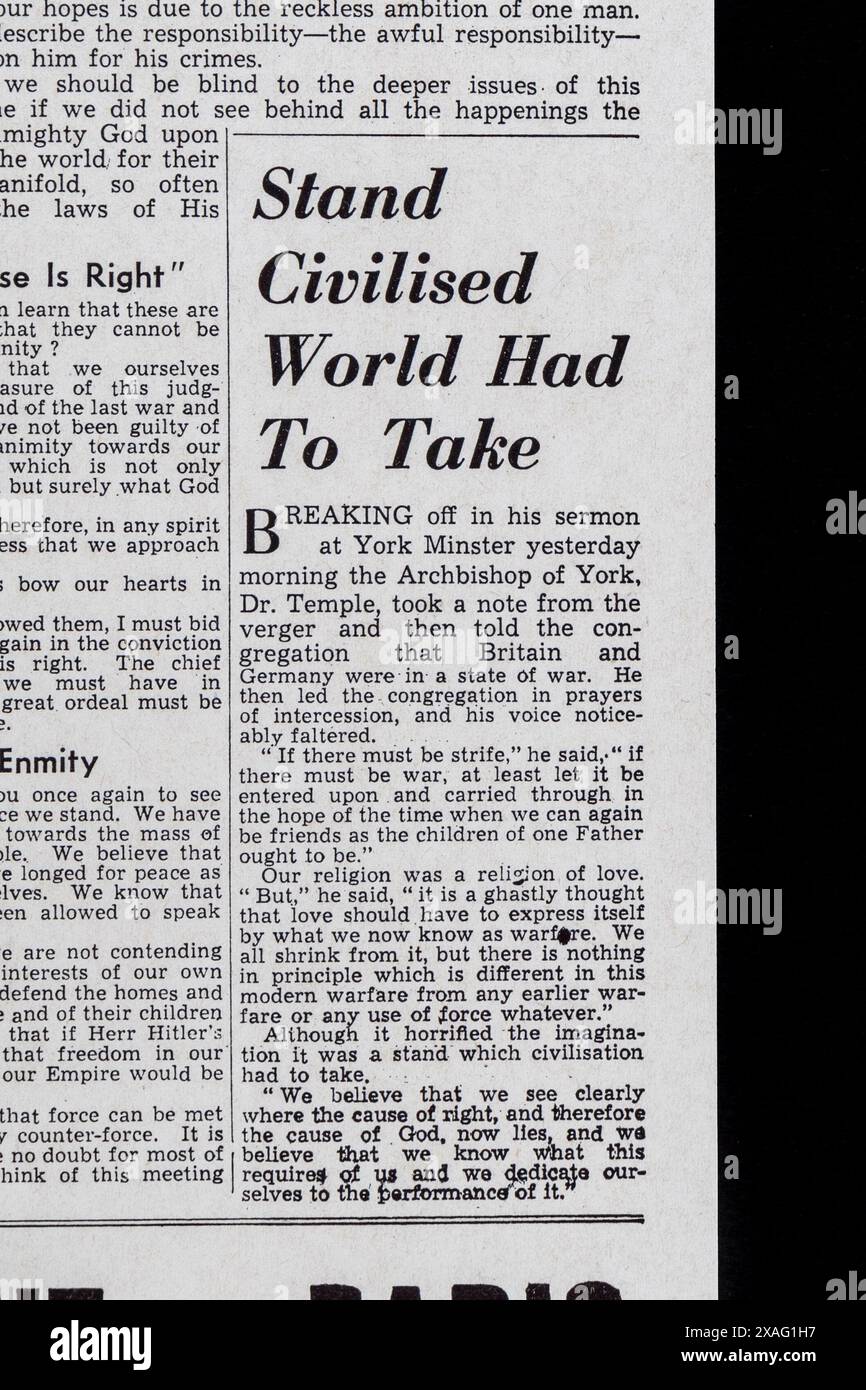 "Stand Civilized World had to Take" titre dans le Daily mail (réplique) 4 septembre 1939, sur le déclenchement de la seconde Guerre mondiale. Banque D'Images