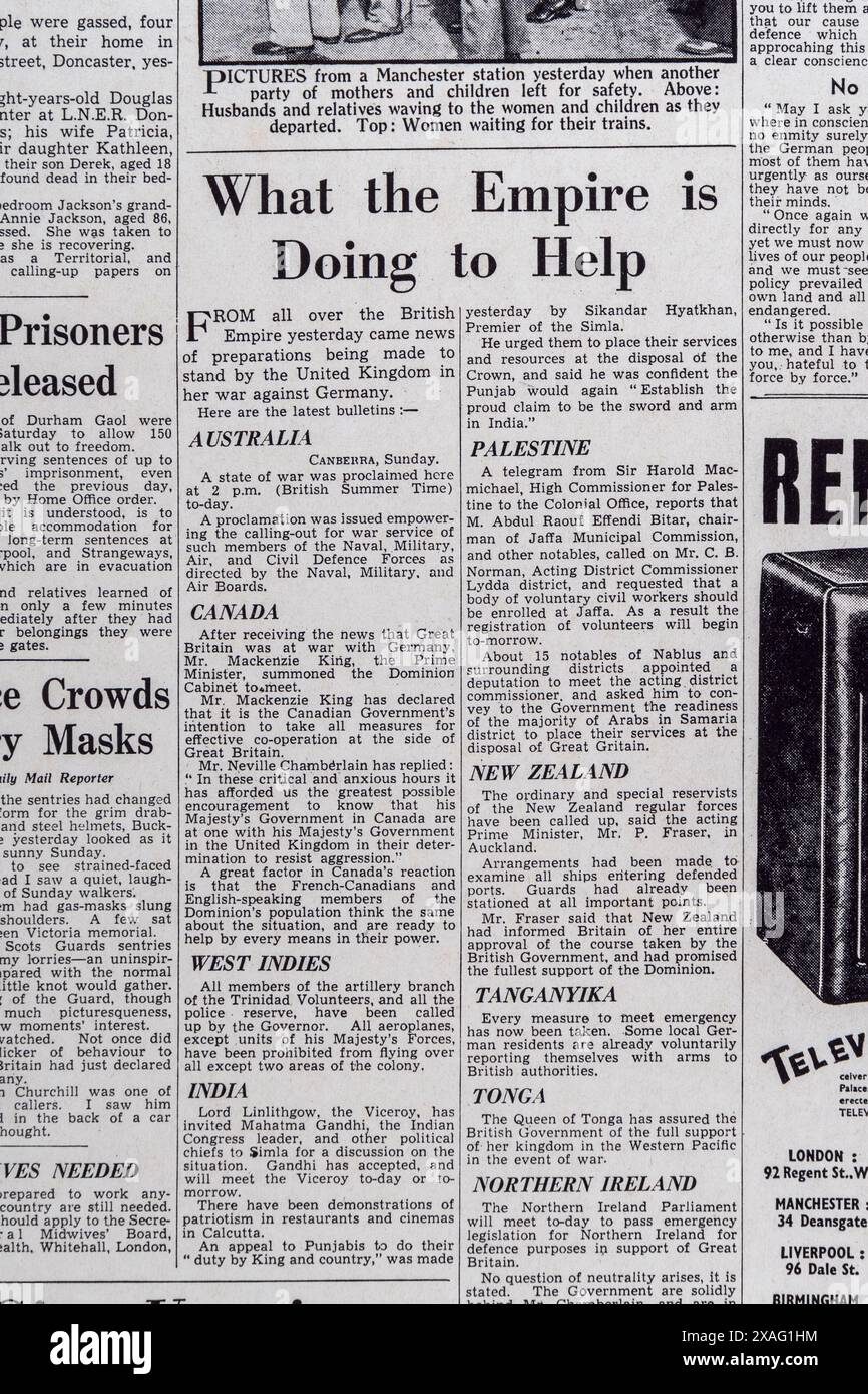 "Ce que l'Empire fait pour aider" titre dans le Daily mail (réplique) 4 septembre 1939, sur le déclenchement de la seconde Guerre mondiale. Banque D'Images