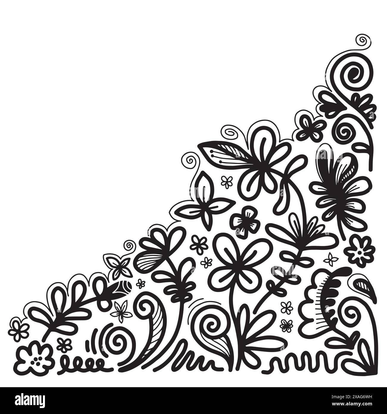 Silhouettes noires d'herbe, de fleurs et d'herbes isolées sur fond blanc. Fleurs dessinées à la main. Illustration de Vecteur