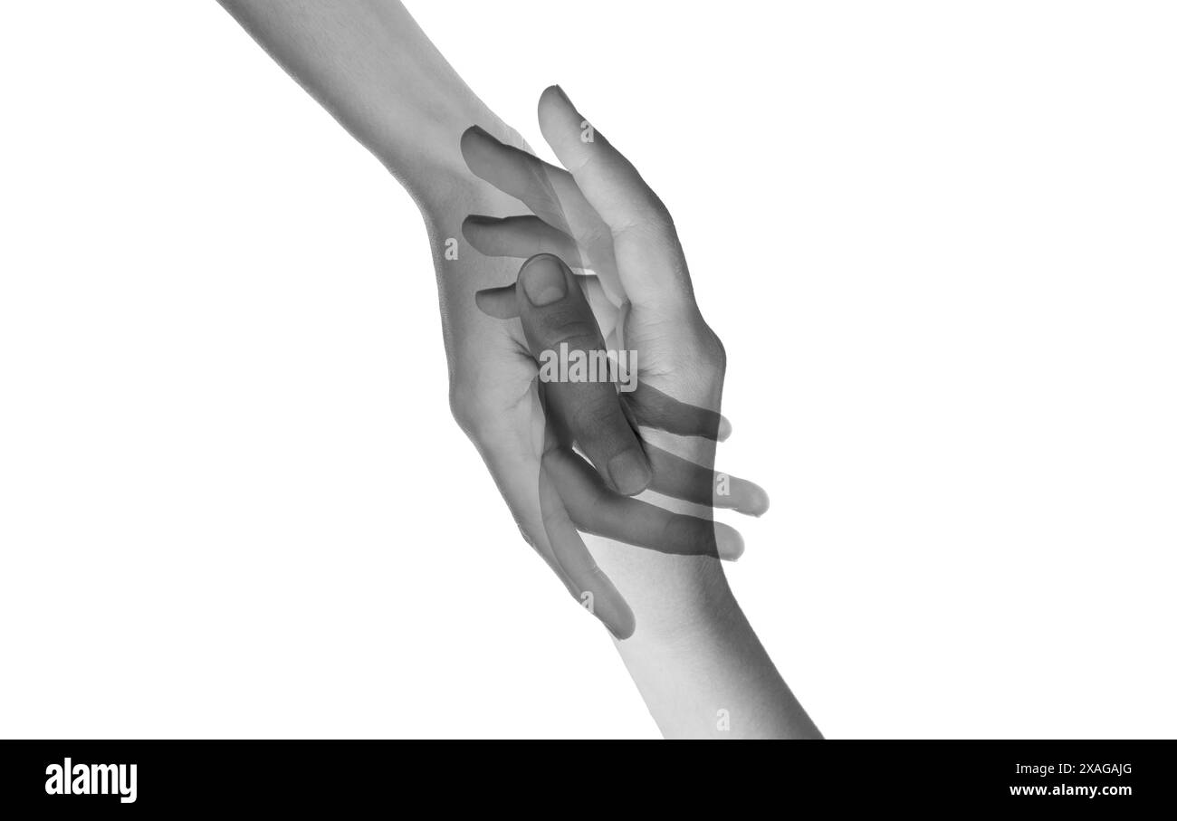 Double exposition des mains des gens sur fond blanc, gros plan. Effet noir et blanc Banque D'Images