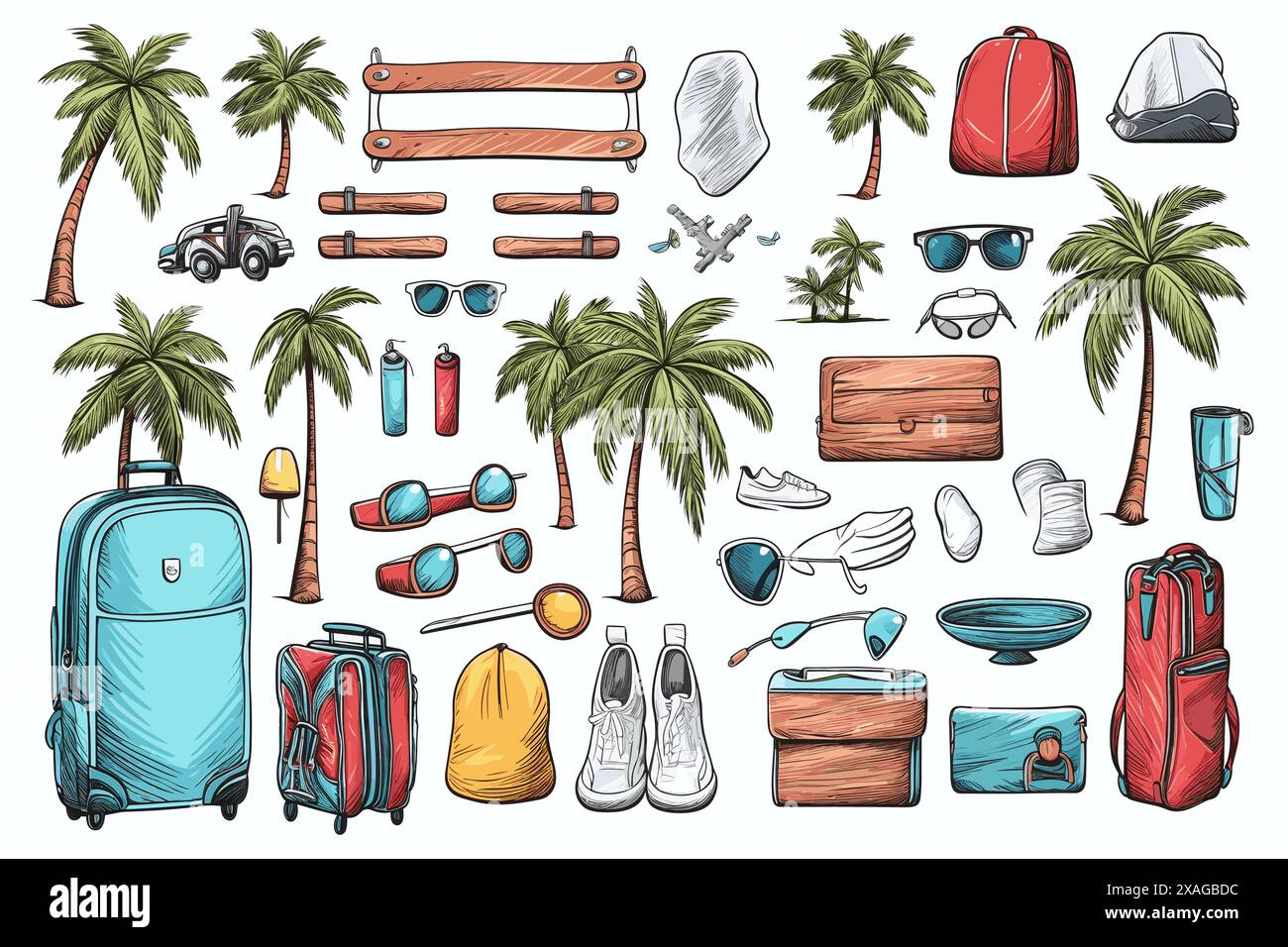 éléments liés aux vacances, plage, palmiers Illustration de Vecteur