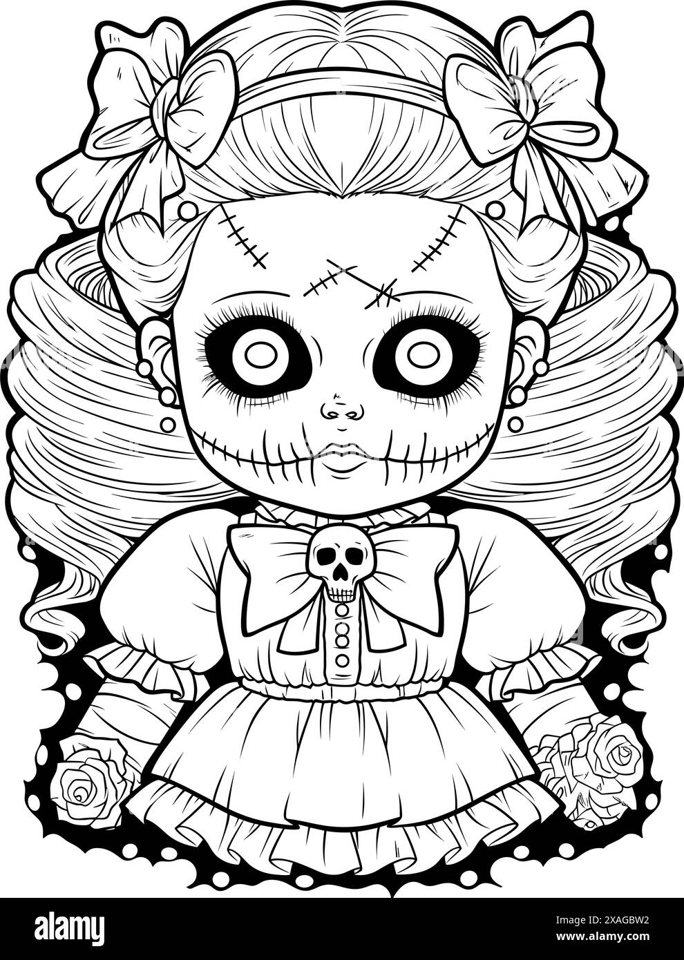 Poupée avec une expression sinistre effrayante, Spooky Gothic Horror Coloring page, dessin de ligne propre, contour fort Illustration de Vecteur