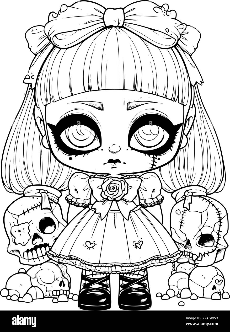 Poupée avec une expression sinistre effrayante, Spooky Gothic Horror Coloring page, dessin de ligne propre, contour fort Illustration de Vecteur
