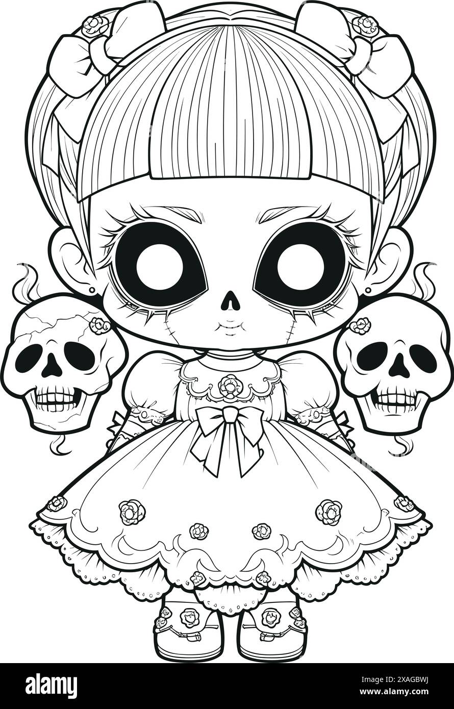 Poupée avec une expression sinistre effrayante, Spooky Gothic Horror Coloring page, dessin de ligne propre, contour fort Illustration de Vecteur