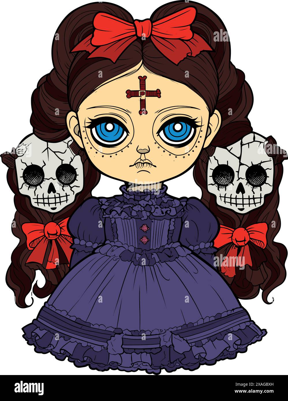 Poupée avec une expression sinistre effrayante, Spooky Gothic Horror Coloring page, dessin de ligne propre, contour fort Illustration de Vecteur