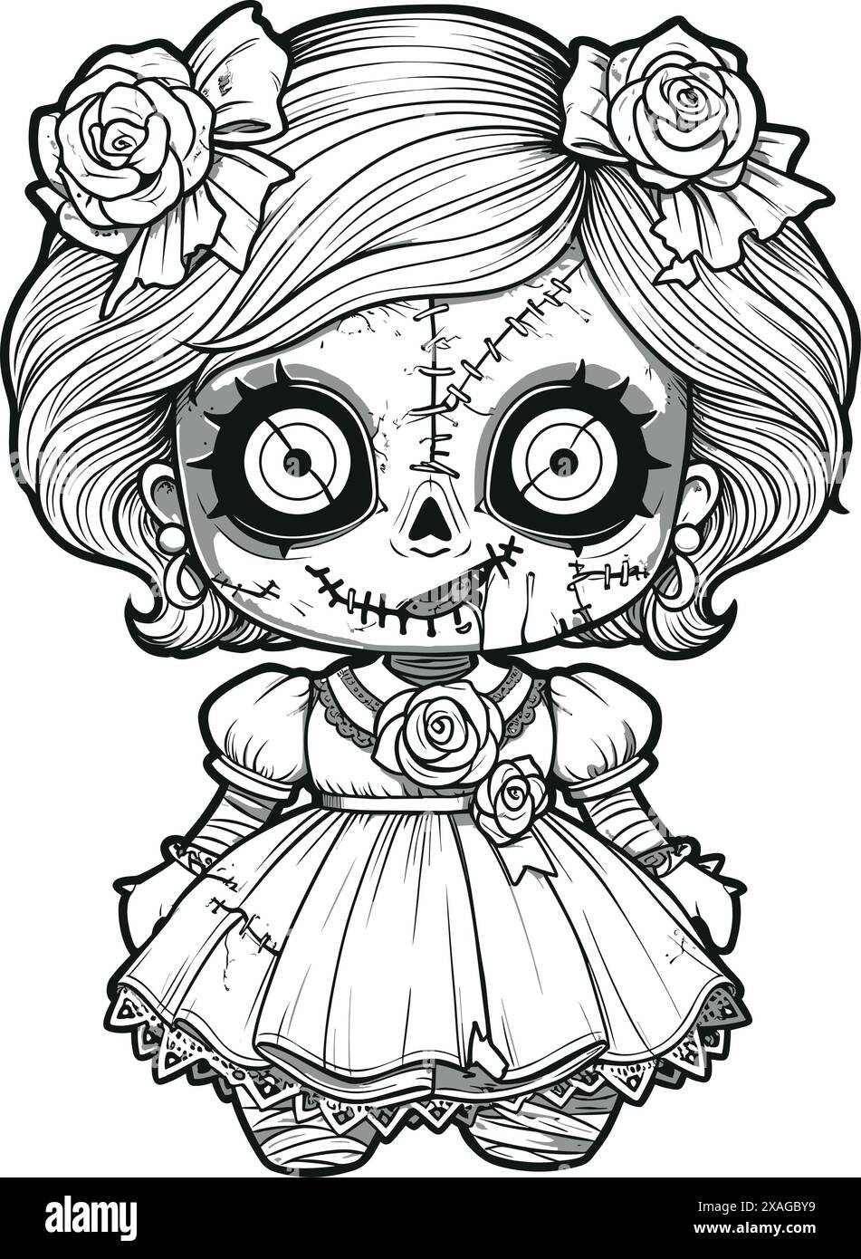 Poupée avec une expression sinistre effrayante, Spooky Gothic Horror Coloring page, dessin de ligne propre, contour fort Illustration de Vecteur
