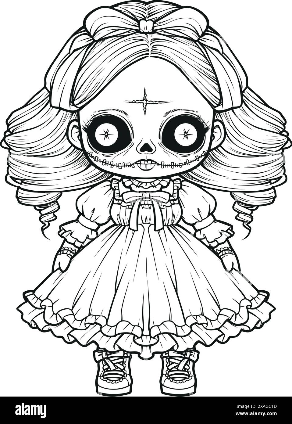 Poupée avec une expression sinistre effrayante, Spooky Gothic Horror Coloring page, dessin de ligne propre, contour fort Illustration de Vecteur