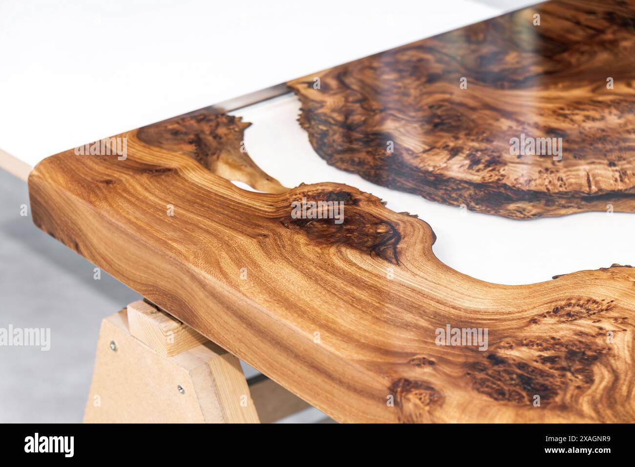 Plateau de table Live Edge en ronce d'orme avec rivière centrale en résine époxy sur sawhorses dans l'atelier professionnel vue rapprochée Banque D'Images