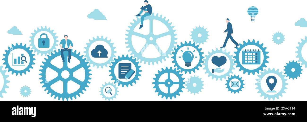 Illustration du vecteur de concept métier. La roue d'engrenage (technologie) et la vie des gens. Illustration de Vecteur