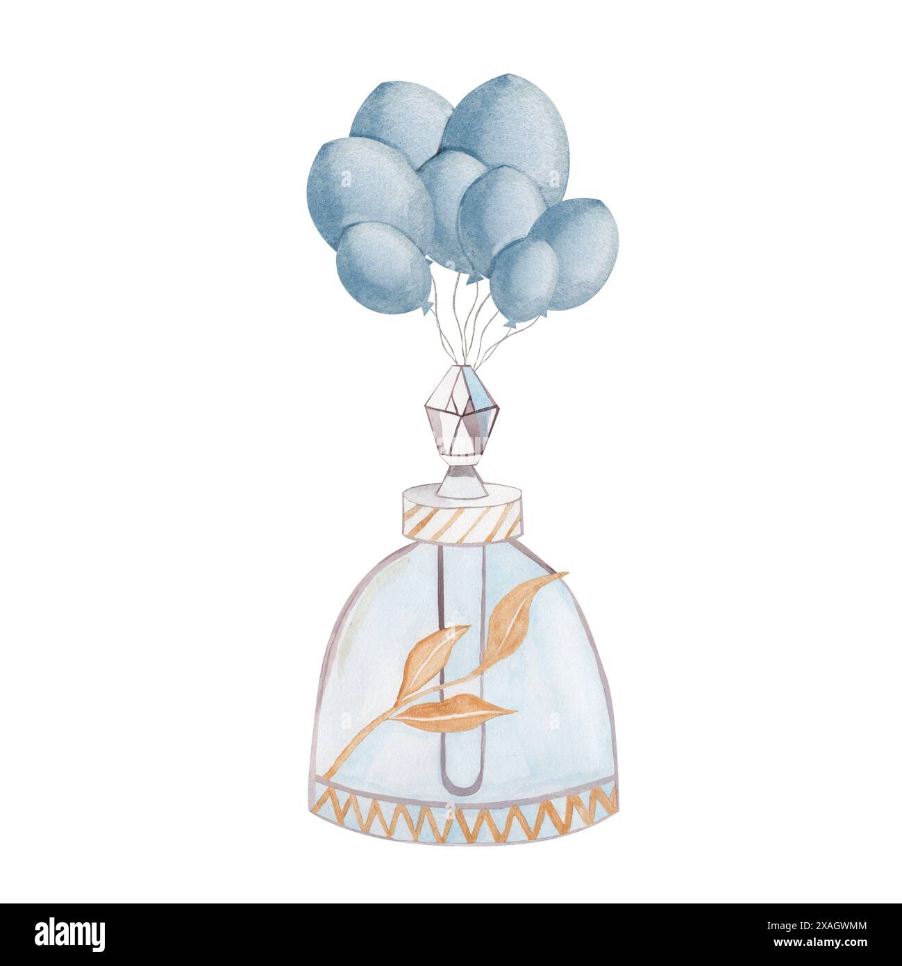 Bouteille de parfum bleue avec des ballons peints à la main à l'aquarelle. illustration sur fond blanc. Utilisé pour poster, cartes postales et illustrer la mode Banque D'Images