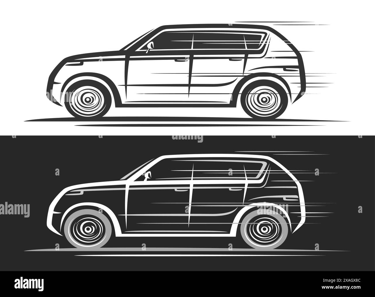 Logo vectoriel pour voiture SUV, bannière décorative automobile avec illustration simple de contour du véhicule utilitaire sport monochrome en mouvement, futuri Illustration de Vecteur