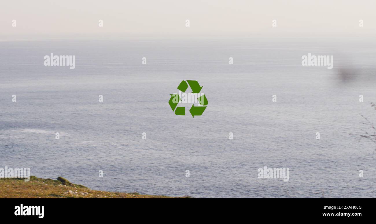 Image des icônes du recyclage, de la durabilité et de l'écologie au-dessus du paysage Banque D'Images