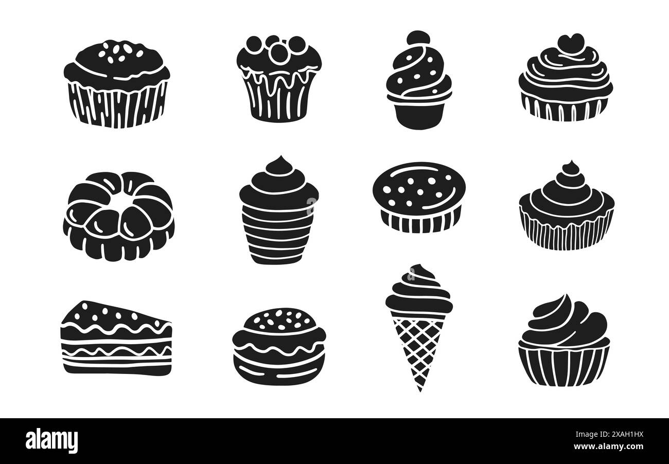 Pâtisserie française sucrée desserts gâteaux Doodle Icons Illustration de Vecteur
