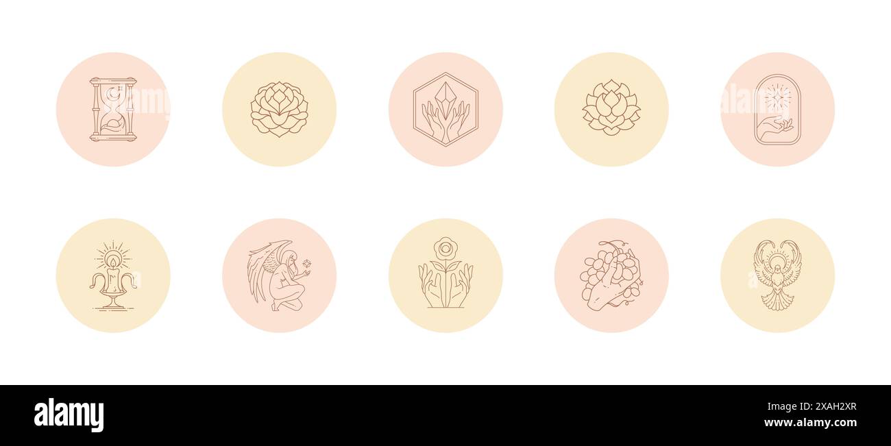 Ensemble d'icônes et d'emblèmes pour les histoires de médias sociaux mettre en évidence les couvertures dans l'illustration vectorielle de style linéaire. Dessins de fleurs avec des signes féminins et de la magie Illustration de Vecteur