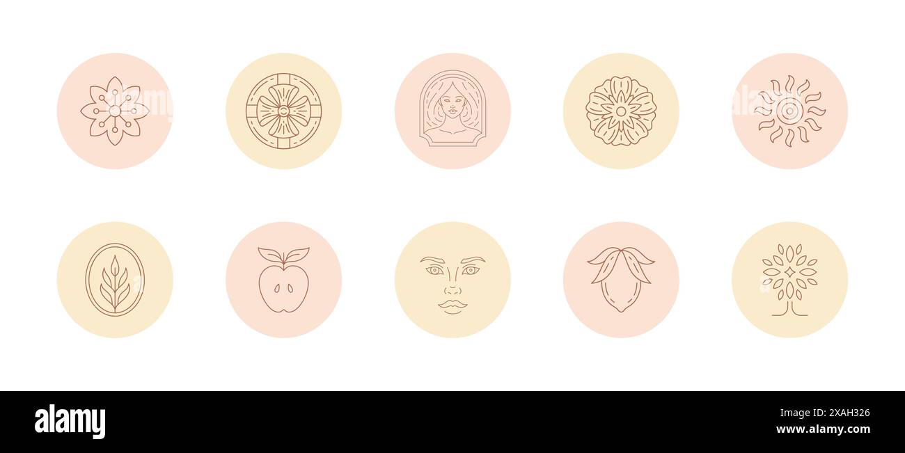 Ensemble d'icônes et d'emblèmes pour les histoires de médias sociaux mettre en évidence les couvertures dans l'illustration vectorielle de style linéaire. Dessins modernes avec des signes féminins et de la magie Illustration de Vecteur