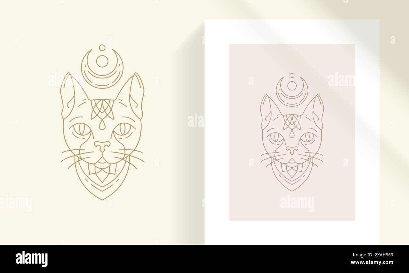 Illustration vectorielle linéaire de silhouette de tête de chat mythique. Chat Mystic Sphynx avec style de contour d'objet minimal ésotérique en croissant de lune. Bon pour logo emb Illustration de Vecteur