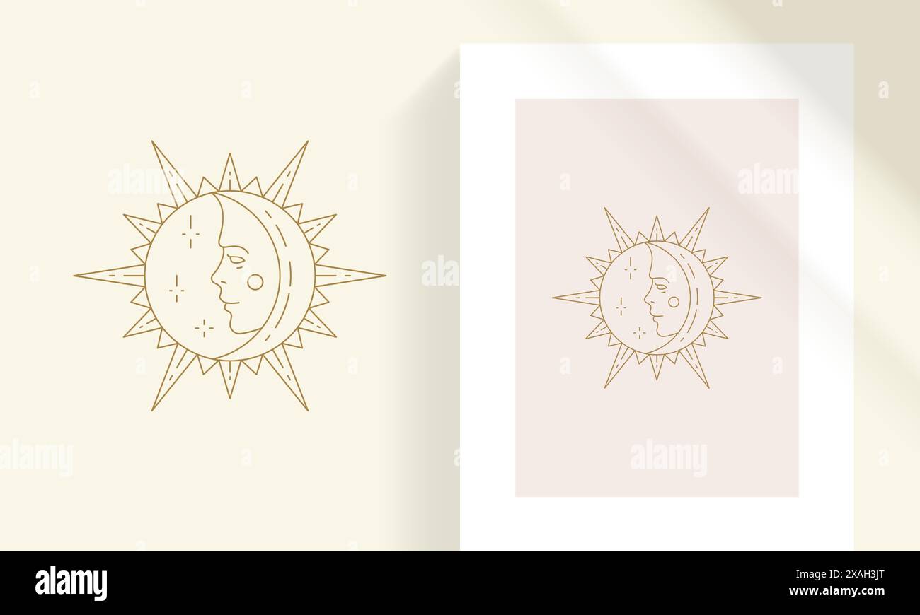 Soleil et croissant de lune avec illustration vectorielle de style artistique de ligne de visage féminin. Dessin linéaire boho pour la décoration d'emblème d'affiche et de logo magique ou de mode Illustration de Vecteur