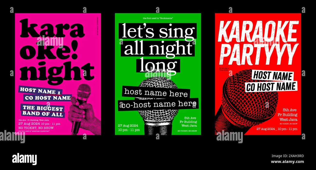 Conception d'affiche de soirée karaoké pour un événement de club ou de pub, en direct avec le nom de l'hôte ou du groupe, conception de promotion de nuit de chant, ensemble de 3 affiches, bannière ou flyer, vecteur Illustration de Vecteur