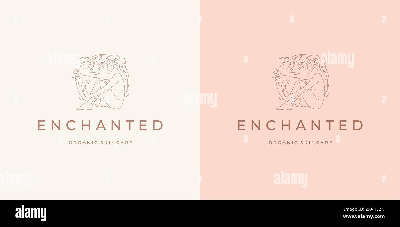 Femme magique avec des feuilles logo emblème modèle illustration vectorielle de modèle de conception dans le style d'art au trait minimal. Silhouette de femme linéaire pour logotype de salon de beauté Illustration de Vecteur
