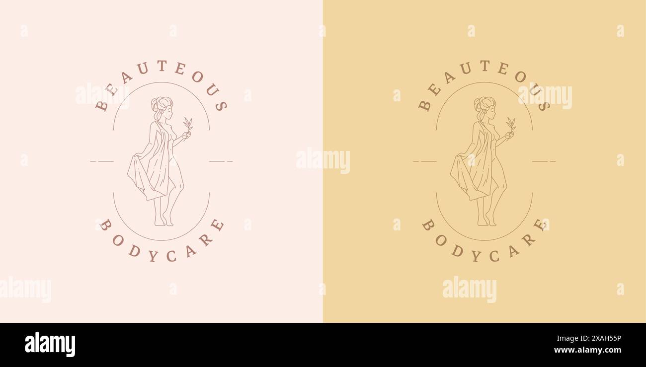 Femme magique avec des feuilles logo emblème modèle illustration vectorielle de modèle de conception dans le style d'art au trait minimal. Silhouette de femme linéaire pour logotype de salon de beauté Illustration de Vecteur