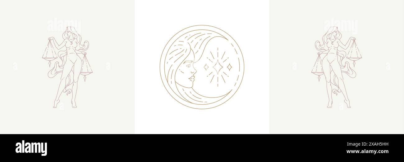 Visage de femme magique comme croissant de lune et balance féminine dans un ensemble d'illustrations vectorielles de style linéaire boho. Élégants emblèmes bohèmes en lignes dorées féminin SY Illustration de Vecteur