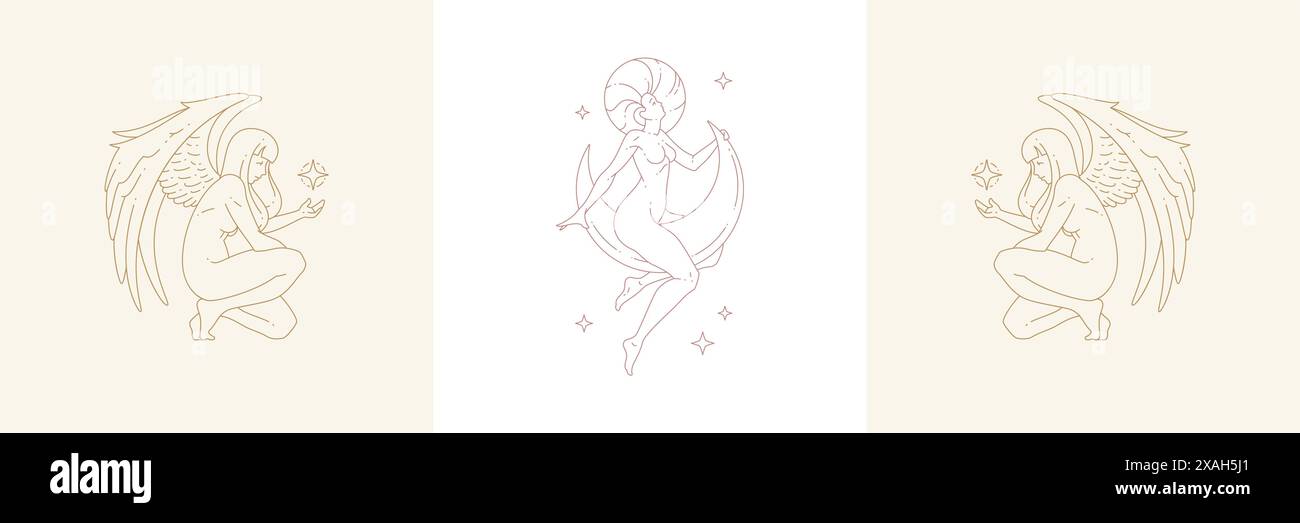 Créatures féminines magiques et ailes avec femme sur la lune dans le jeu d'illustrations vectorielles de style linéaire boho. Emblèmes bohémiens en lignes dorées avec symbole pour femmes Illustration de Vecteur