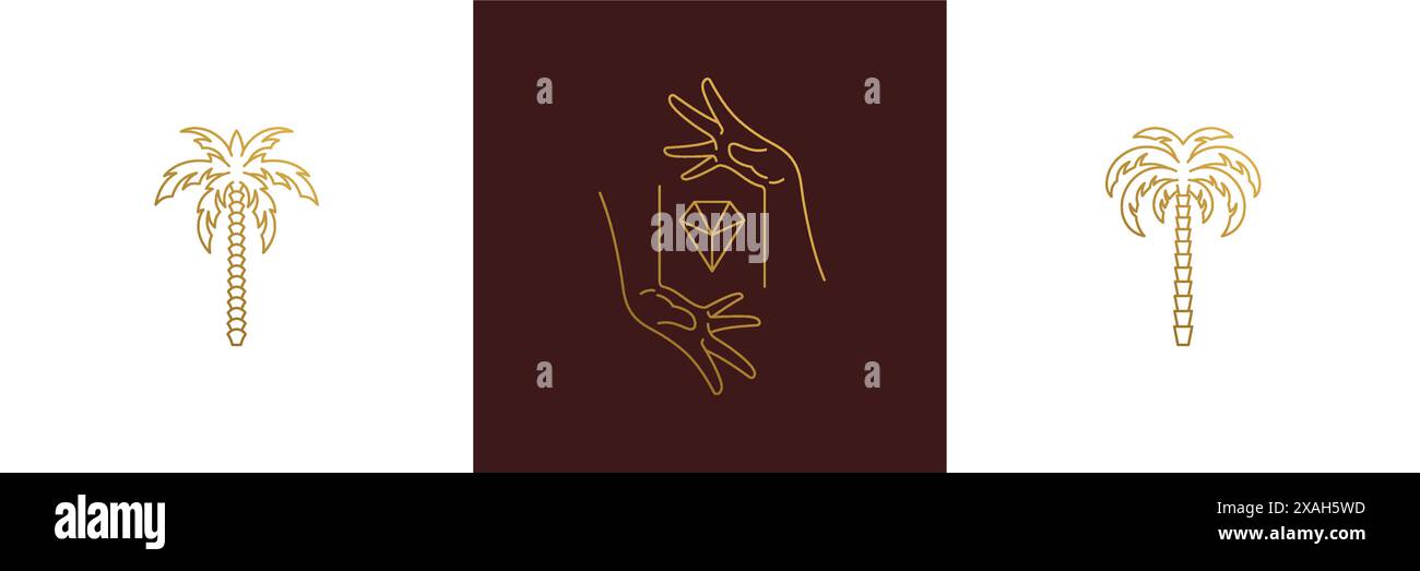 Ensemble d'éléments de conception de décoration élégante de ligne de vecteur -palmiers et illustrations de mains gestuelles féminines style linéaire minimal. Collection Bohemian delica Illustration de Vecteur
