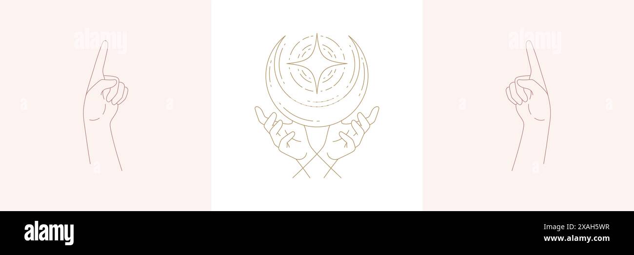 Mains de femme et croissant de lune dans l'ensemble d'illustrations vectorielles de style linéaire boho. Élégants emblèmes bohèmes en lignes dorées avec des symboles de gestes des mains pour Illustration de Vecteur