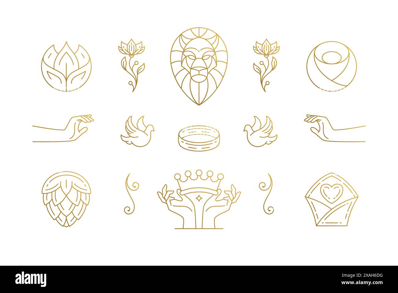 Ensemble d'éléments de conception de décoration élégants de la ligne vectorielle - illustrations de tête de lion et de mains gestuelles style linéaire minimal. Collection bohème délicat outl Illustration de Vecteur