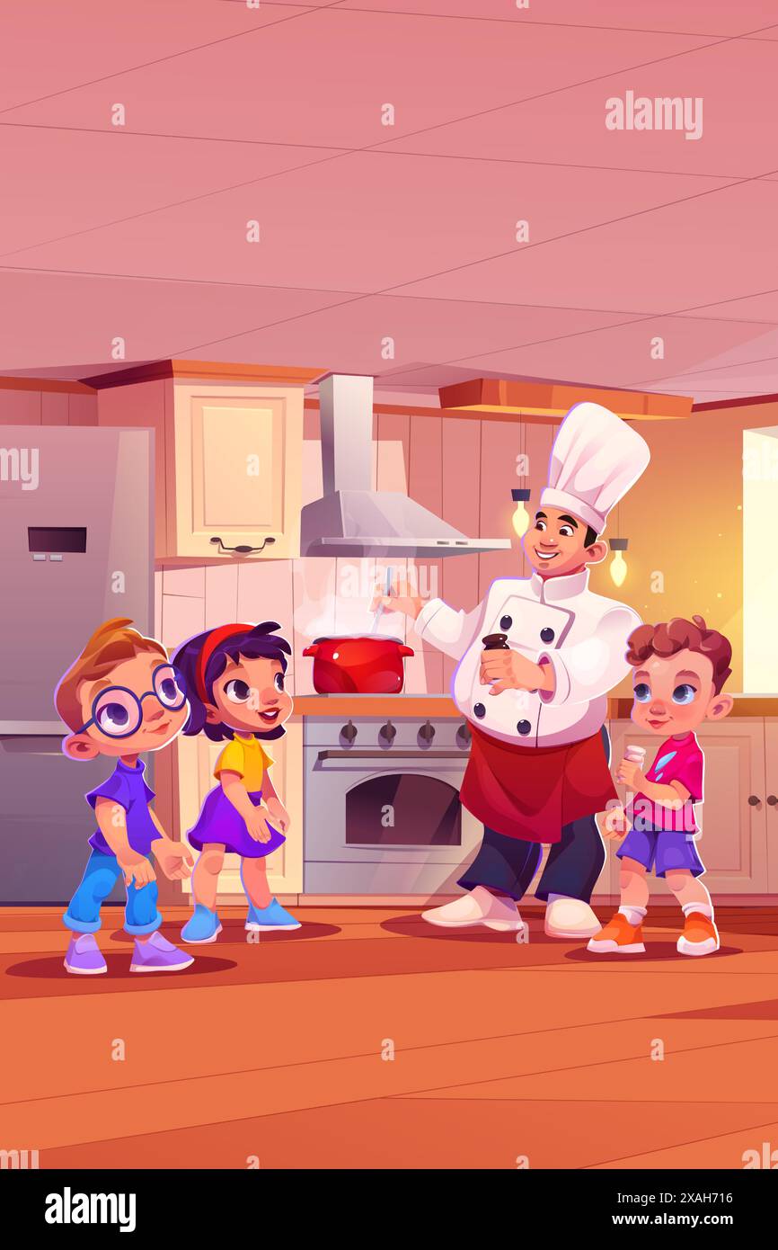 Trois enfants sont venus poser des questions ou prendre la classe de maître au chef dans la cuisine du restaurant ou du café. Illustration vectorielle de dessin animé d'enfant garçon et fille avec cuisinière professionnelle en uniforme blanc sur la cuisine. Illustration de Vecteur