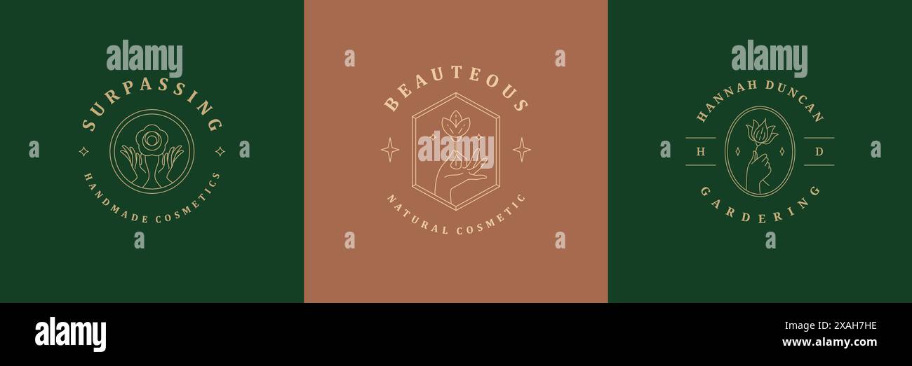 Logos féminins emblèmes modèles de conception ensemble avec des mains féminines et des fleurs illustrations vectorielles style linéaire minimal. Décrire les symboles pour les cosmétiques et Illustration de Vecteur