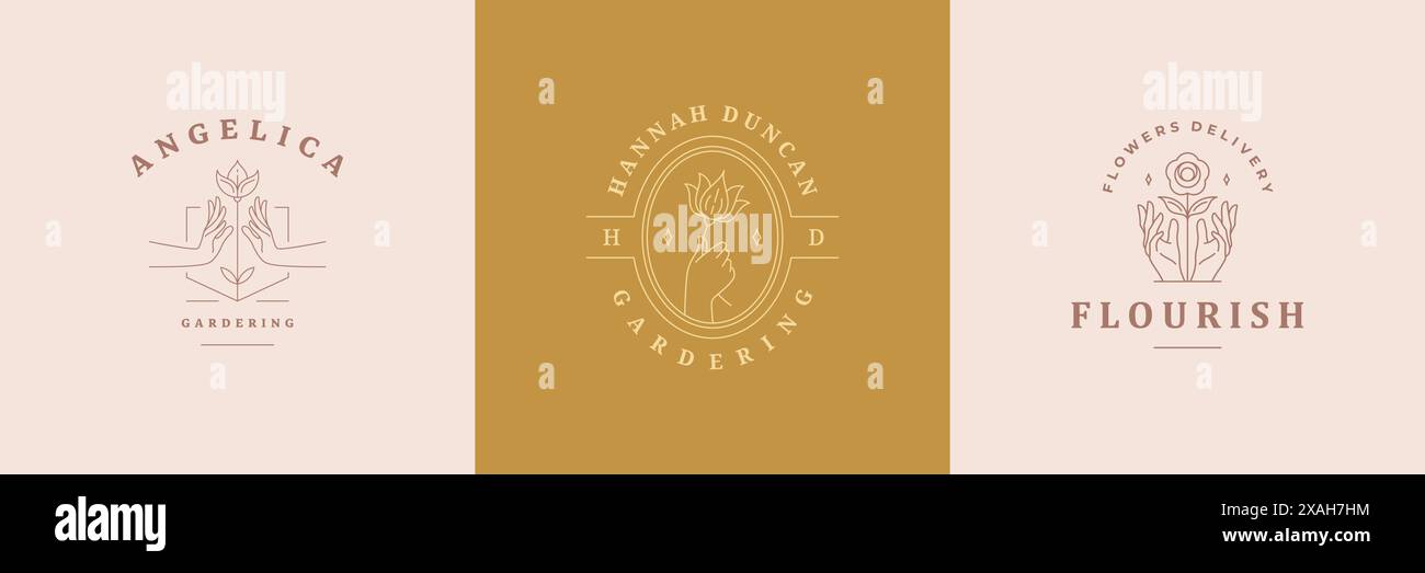 Logos féminins emblèmes modèles de conception ensemble avec des mains de femme et des fleurs illustrations vectorielles style minimal d'art de ligne. Délimiter les symboles pour les cosmétiques et Illustration de Vecteur