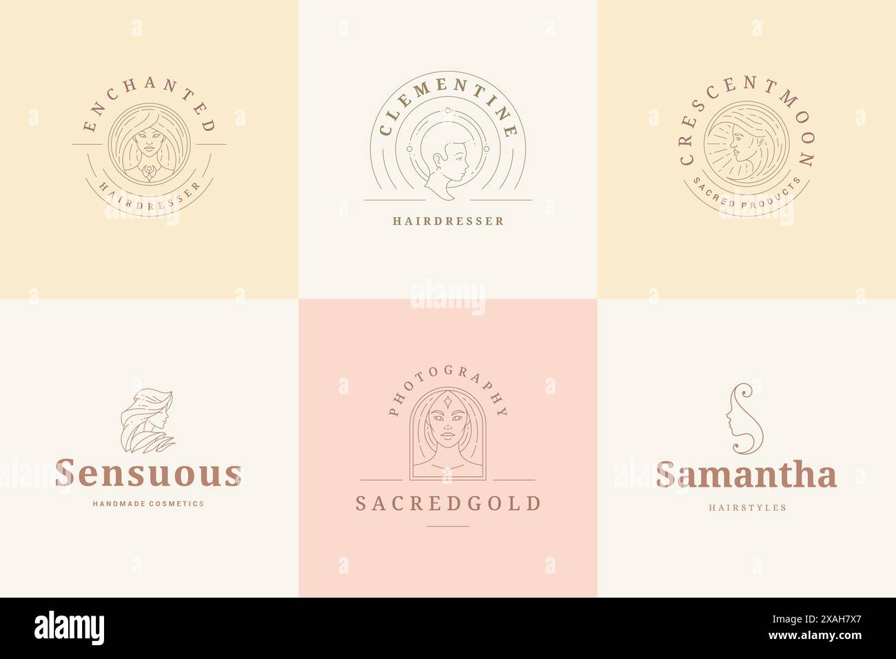 Logos féminins emblèmes modèles de conception définis avec des illustrations vectorielles de portraits féminins style linéaire minimal. Symboles de contour pour l'insigne de coiffeur Illustration de Vecteur