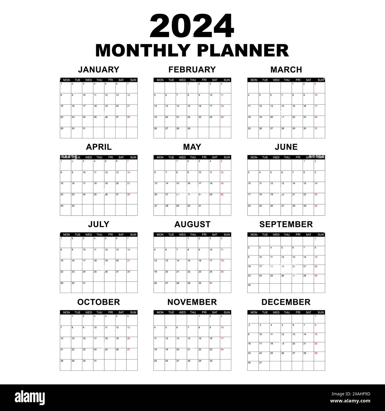 Modèle de calendrier mensuel pour l'année 2024. Calendrier mural dans un style minimaliste. La semaine commence le lundi. Planificateur pour 2024 année. Calendrier simple 2024. Illustration de Vecteur