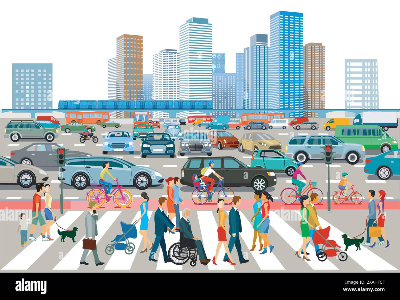 Silhouette de ville d'une grande ville avec embouteillage et les gens sur l'illustration de passage de zèbre Illustration de Vecteur