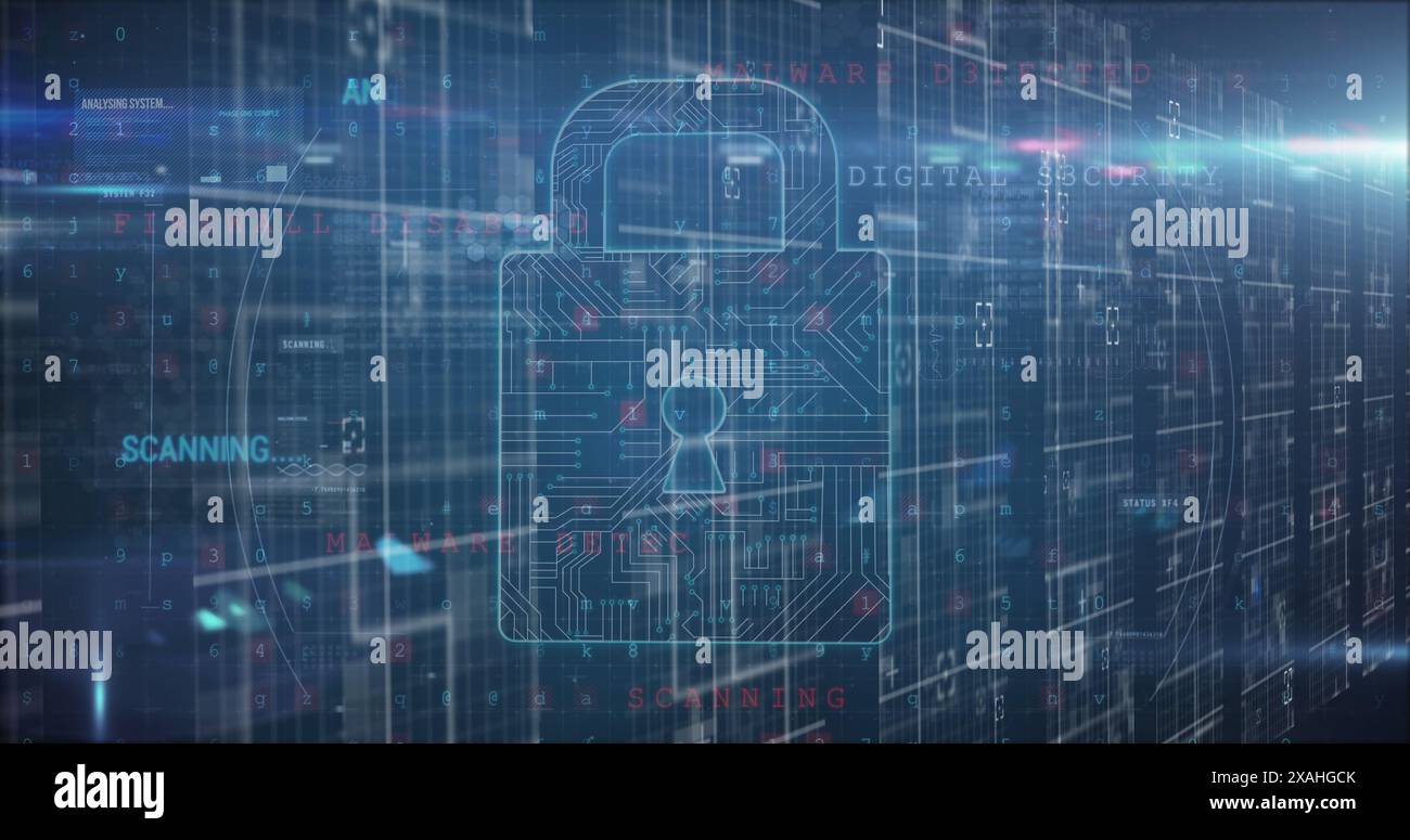 Image du traitement des données et du cadenas sur fond bleu Banque D'Images