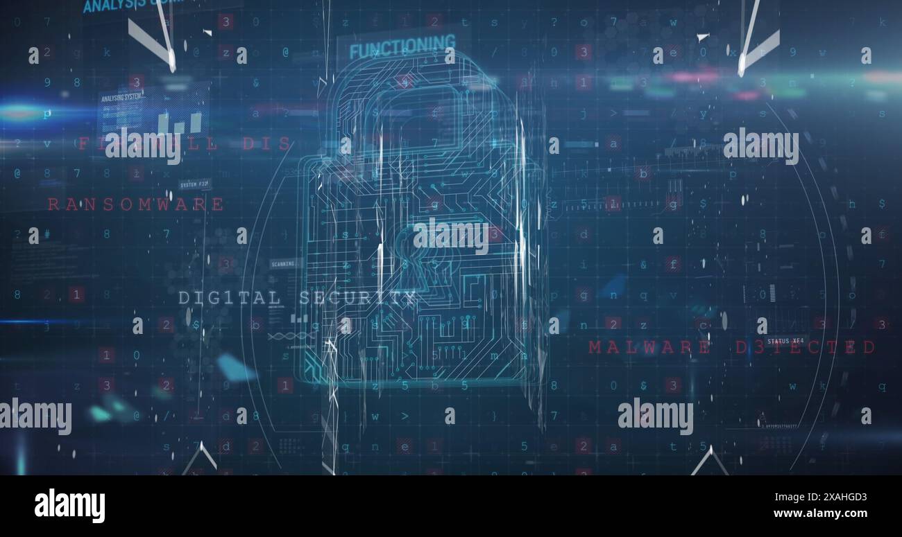 Image du traitement des données et du cadenas sur fond bleu Banque D'Images