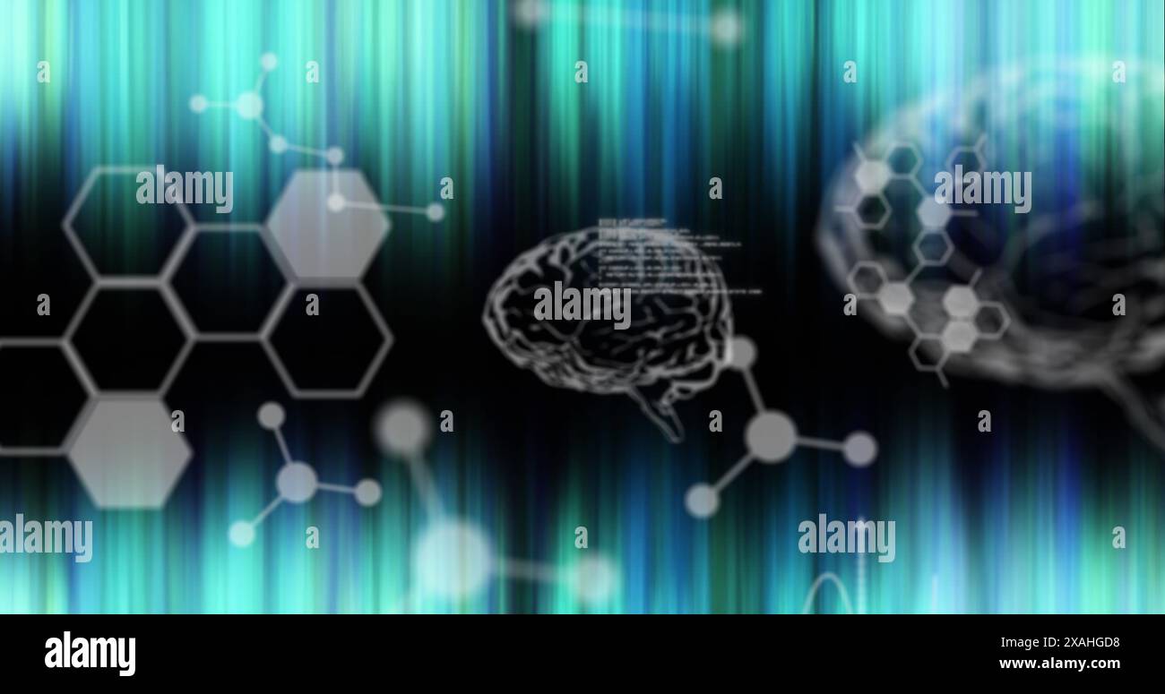 Cerveau humain, structures chimiques et moléculaires contre le traitement des données et les traînées de lumière verte Banque D'Images