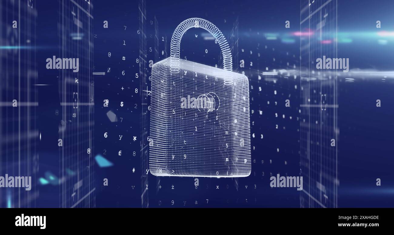 Image du traitement des données et du cadenas sur fond bleu Banque D'Images