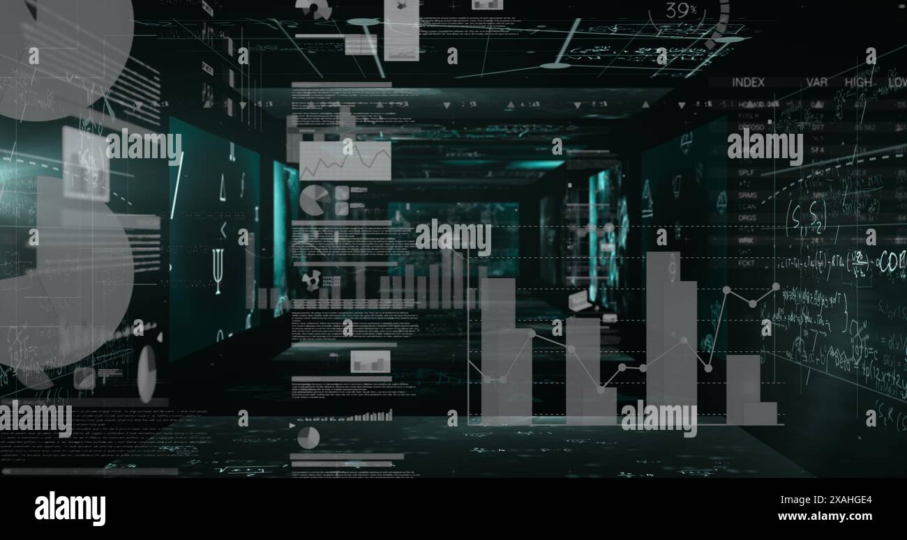Image du traitement des données sur des écrans sur fond noir Banque D'Images