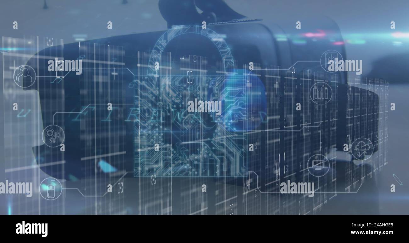 Image du traitement des données et du cadenas sur casque vr Banque D'Images