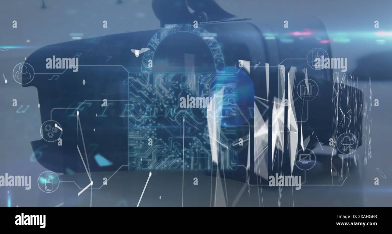 Image du traitement des données et du cadenas sur casque vr Banque D'Images
