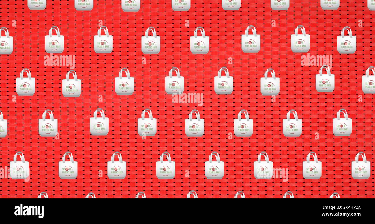 Illustration de l'absence de texte de sacs en plastique sur les icônes de sacs sur fond rouge Banque D'Images