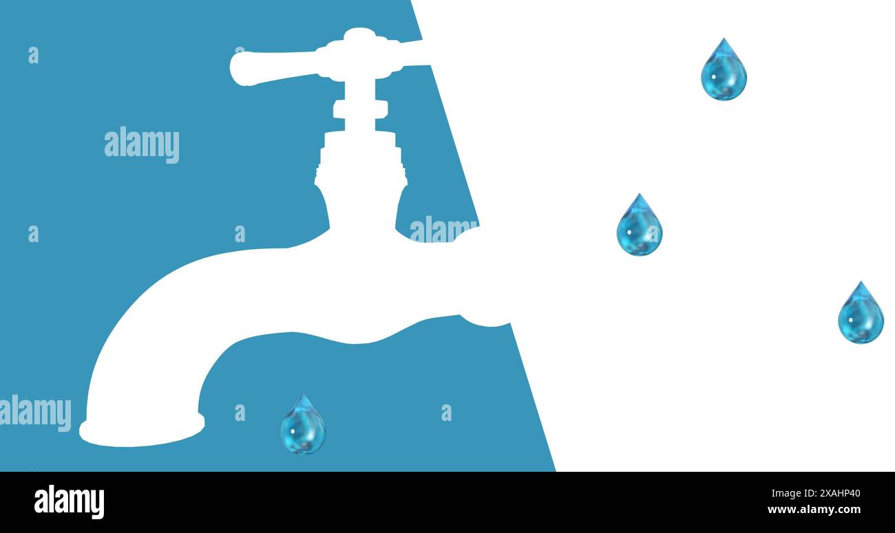 Image des gouttes d'eau et du robinet sur fond blanc Banque D'Images